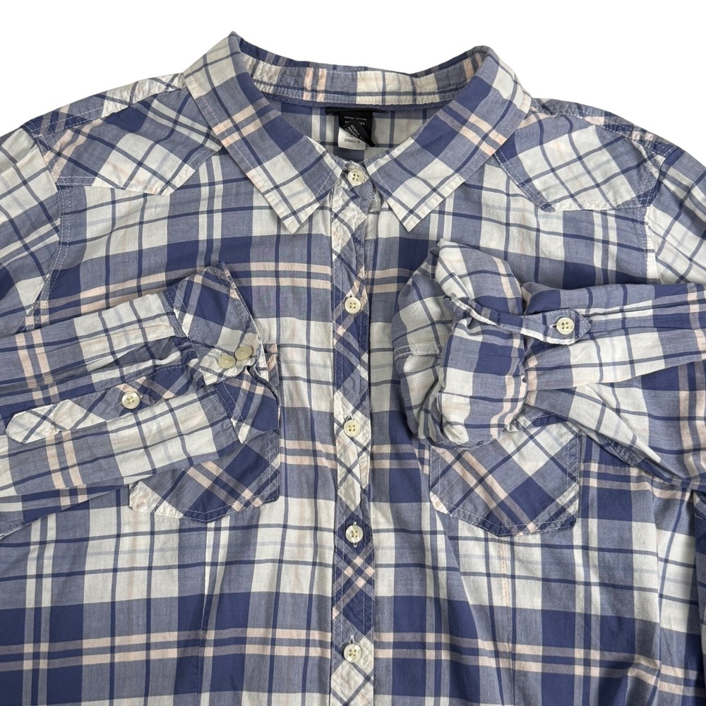Torrid Twill Plaid Button Front Camp Shirt Blue White Western Roll Tab Womens 3